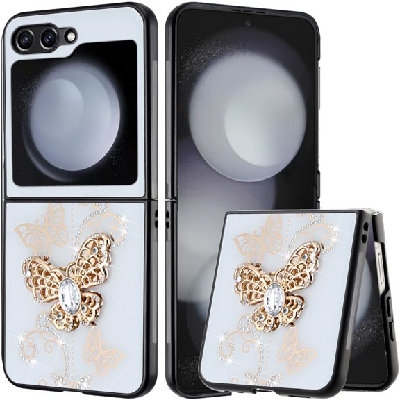 TJS for Samsung Z Flip6 Phone Case, Diamond Rhinestone Glitter Ornaments Engraving Cover for Samsung Z Flip 6 (Garden Butterflies White)