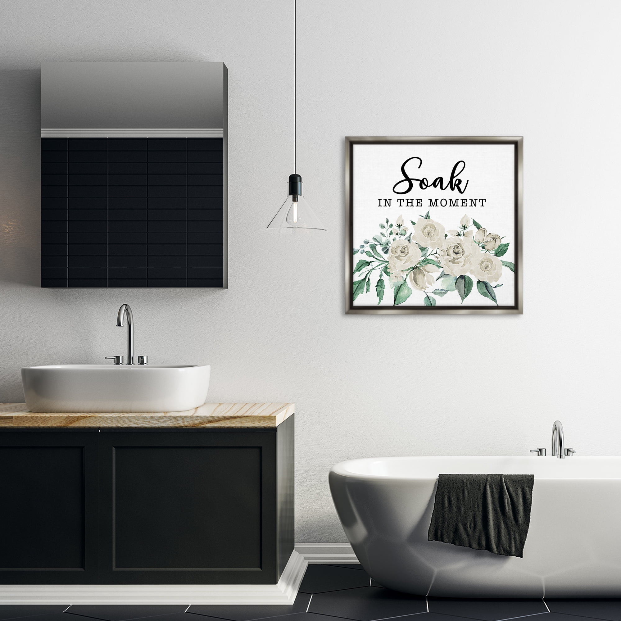 Stupell Industries Soak The Moment Florals Bath & Laundry Painting Gray Floater Framed Canvas Art Print Wall Art, 25 x 25