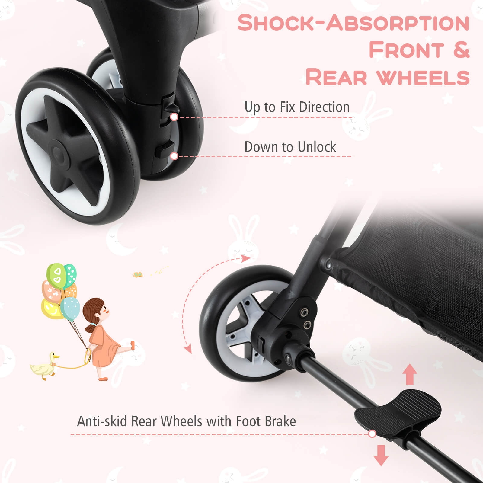 Infans Lightweight Baby Stroller Aluminium Frame w/ Net for Travel Pink