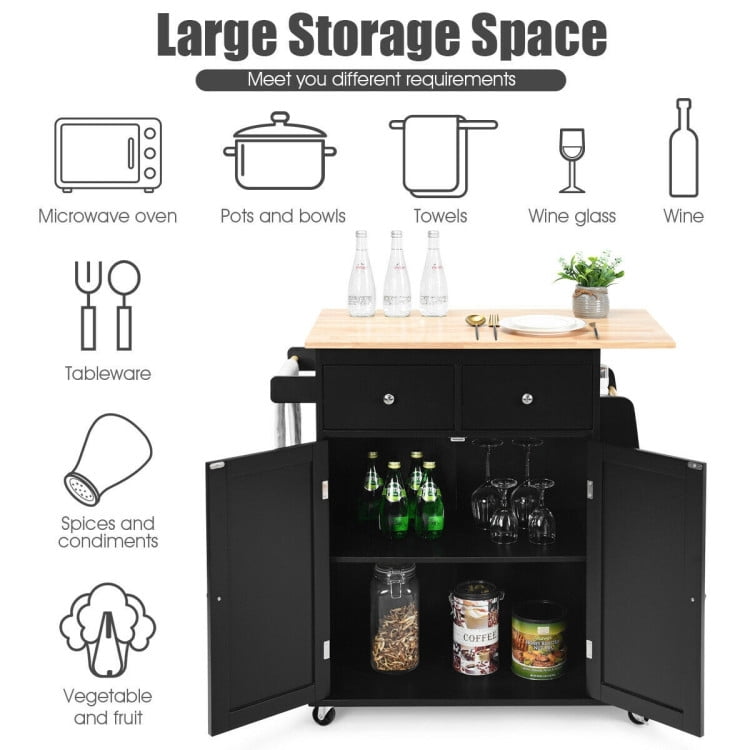 Finihen Rolling Cart, Kitchen Island Cart, Rubber Wood Countertop Rolling Kitchen Island Cart, for Kitchen, Dining Room, Black Finihen Rolling Cart, Kitchen Island Cart, Rubber Wood Countertop Rolling Kitchen Island Cart, for Kitchen, Dining Room, Black