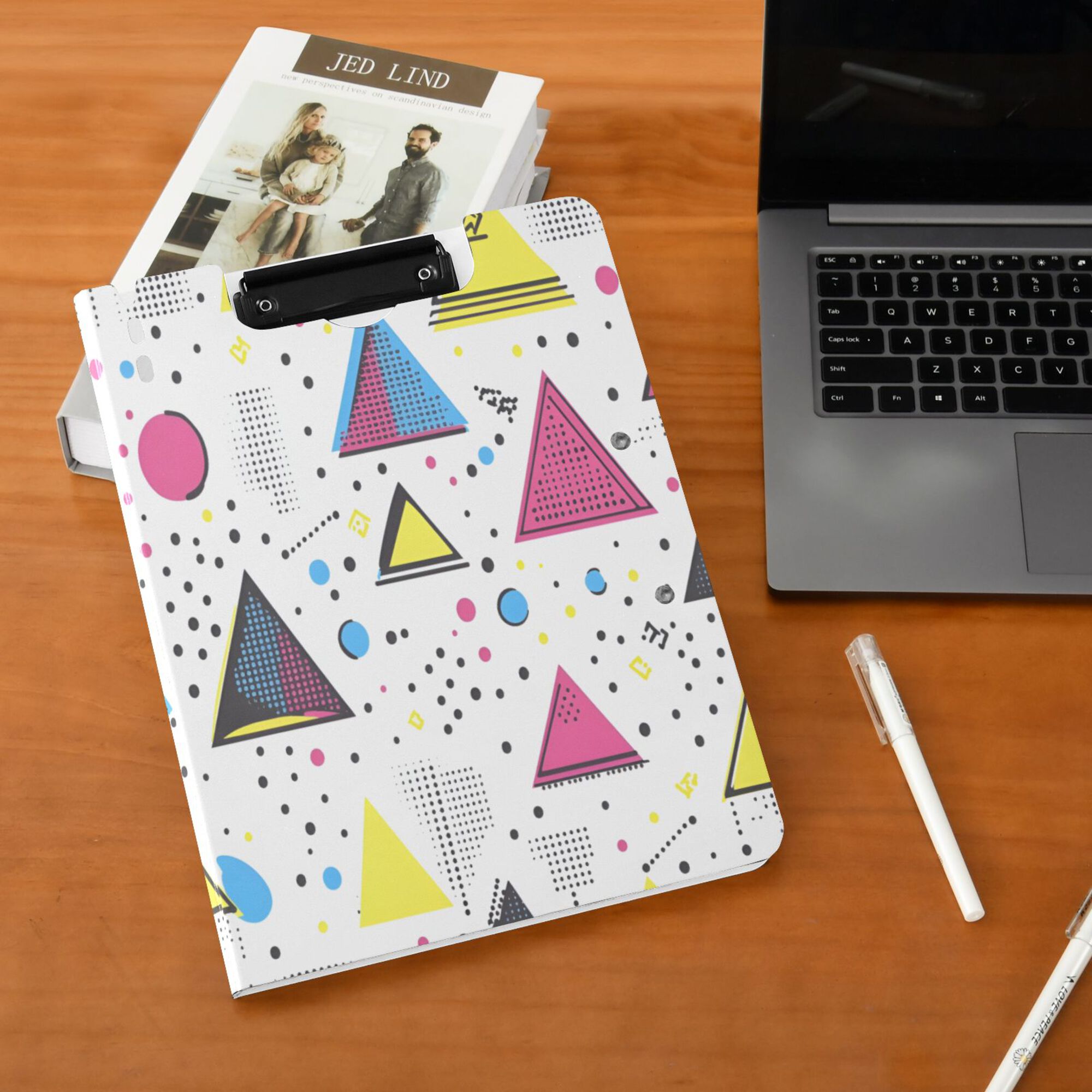 FORMRS A4 Clipboard Folder with Pen Holder Horizontal Foldable School Office Binder, Pink Simple Shapes