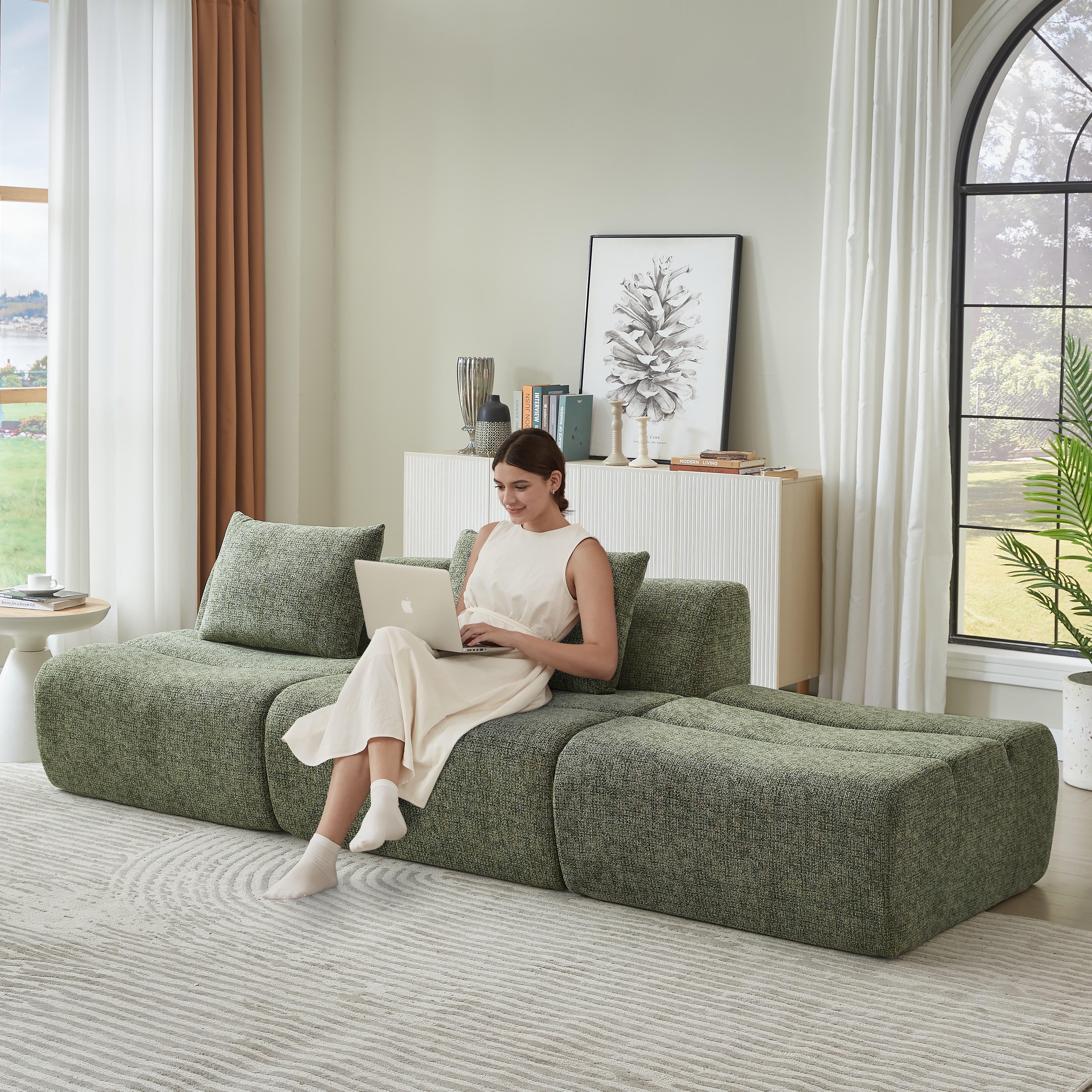 MAYEERTY Oversized 3 Seater Compressible Chenille Sectional Sofa, Modern & Space-Saving for Living Room, 107*41*27"Green