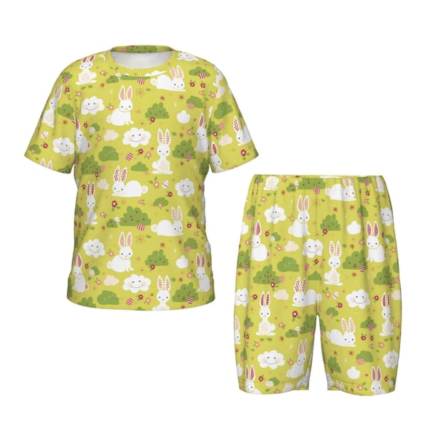 Balery Easter Bunny Conjunto de Pijama Infantil de Manga Corta con Estampado – Ropa de Dormir de Algodón Suave-Large