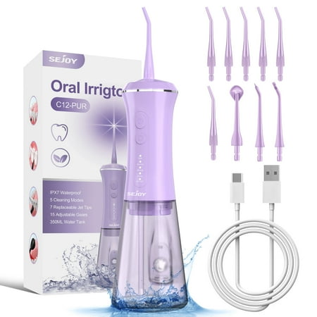 Sejoy Cordless Water Flosser Dental Teeth Cleaner, Professional 350ML Tank DIY Mode Rechargeable Dental Oral Irrigator for Home and Travel, 5 Modes Irrigate, 9 Jet Tips, Purple