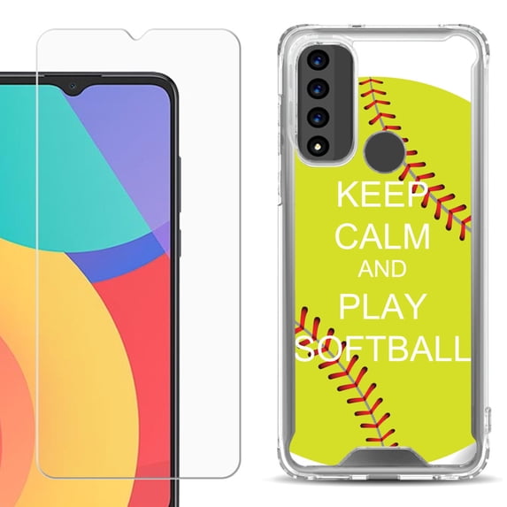 Shockproof Bumper Phone Case for TCL 20 XE, with Tempered Glass Screen Protector, by OneToughShield ® - Keep Calm Softball