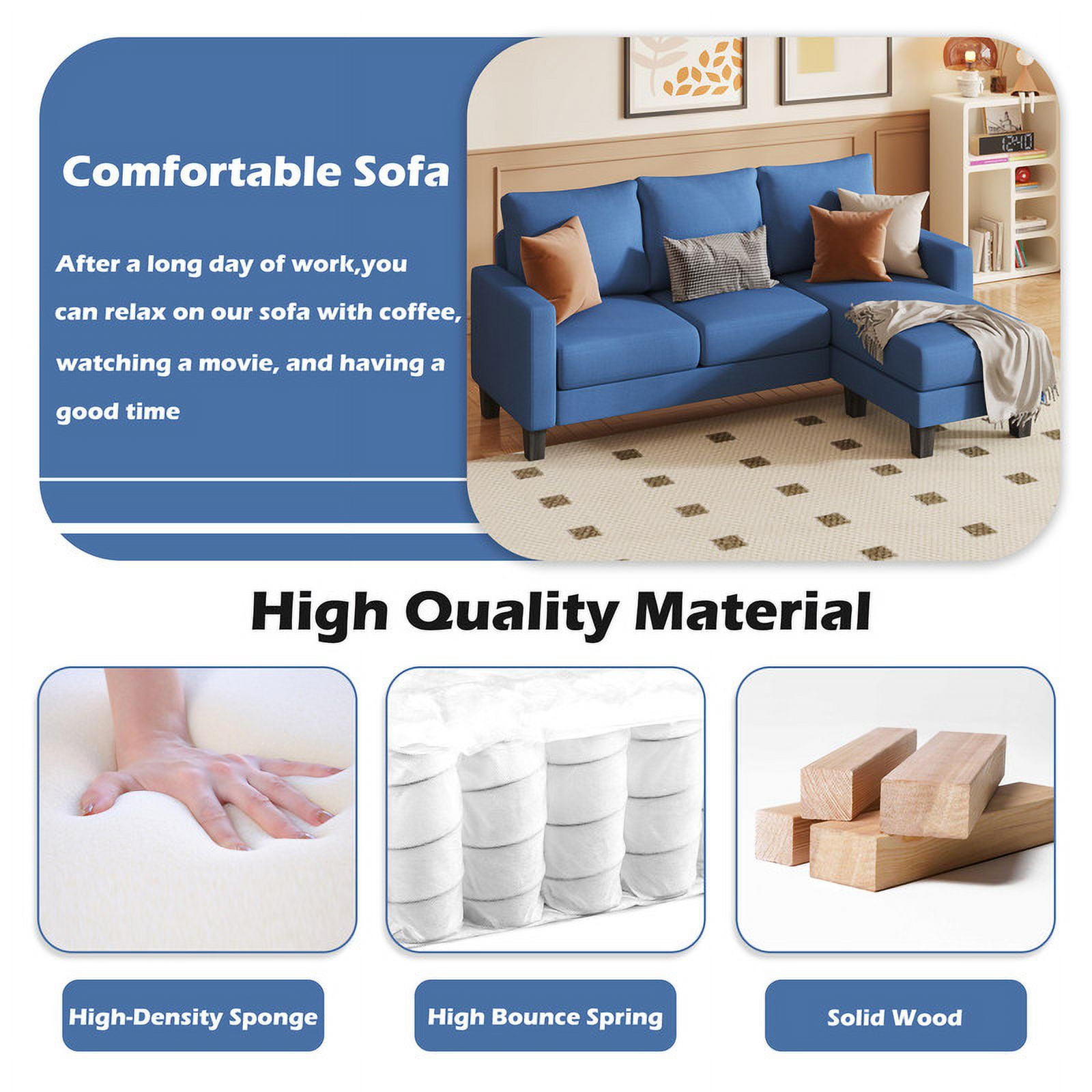 Homall Solid Print 100% Cotton L Shaped Convertible Sectional Sofa, Blue