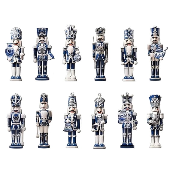 ZJNGJC 12Pcs Christmas Nutcracker Ornaments Xmas Tree Blue and White Wooden Ornament Chinoiserie Hanging Wood Sign Crafts Reusable Christmas Tree Decor for Holiday Party Home Decor Gifts Blue