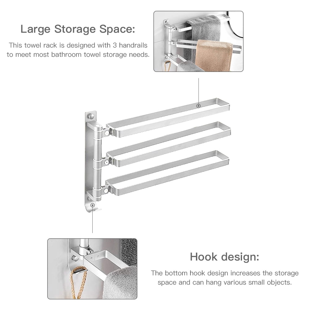 Private Jungle Towel Bar for Bathrooms with Swing Out Arms, Wall Mounted Towel Racks with Hooks for Bathroom(Silver,3 Arm)