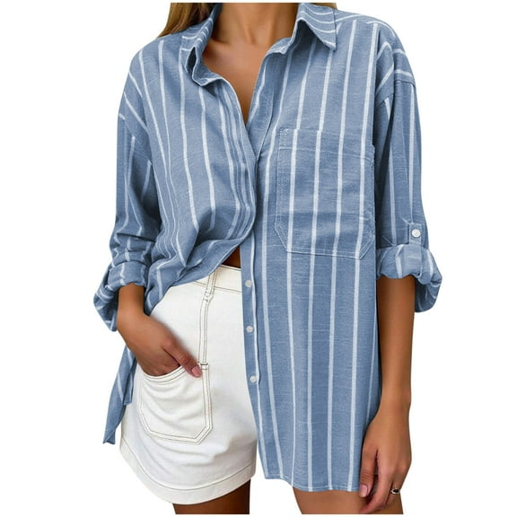 Womens Button Down Shirts Fashion Stripe Printed Blouses Top Fall Long Sleeve Lightweight Shirt Open Front Lapel Button Cardigan Casual Versatile Top