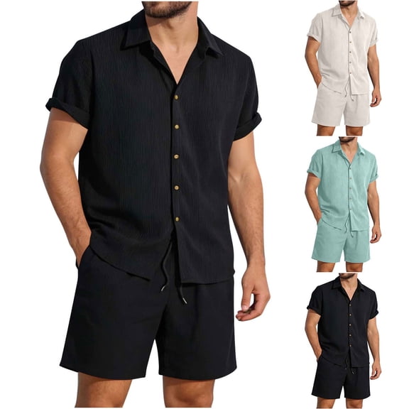Men's 2 Piece Outfits Cuban Guayabera Button Down Shirts and Shorts Causal Summer Beach Vacation Sets for Men