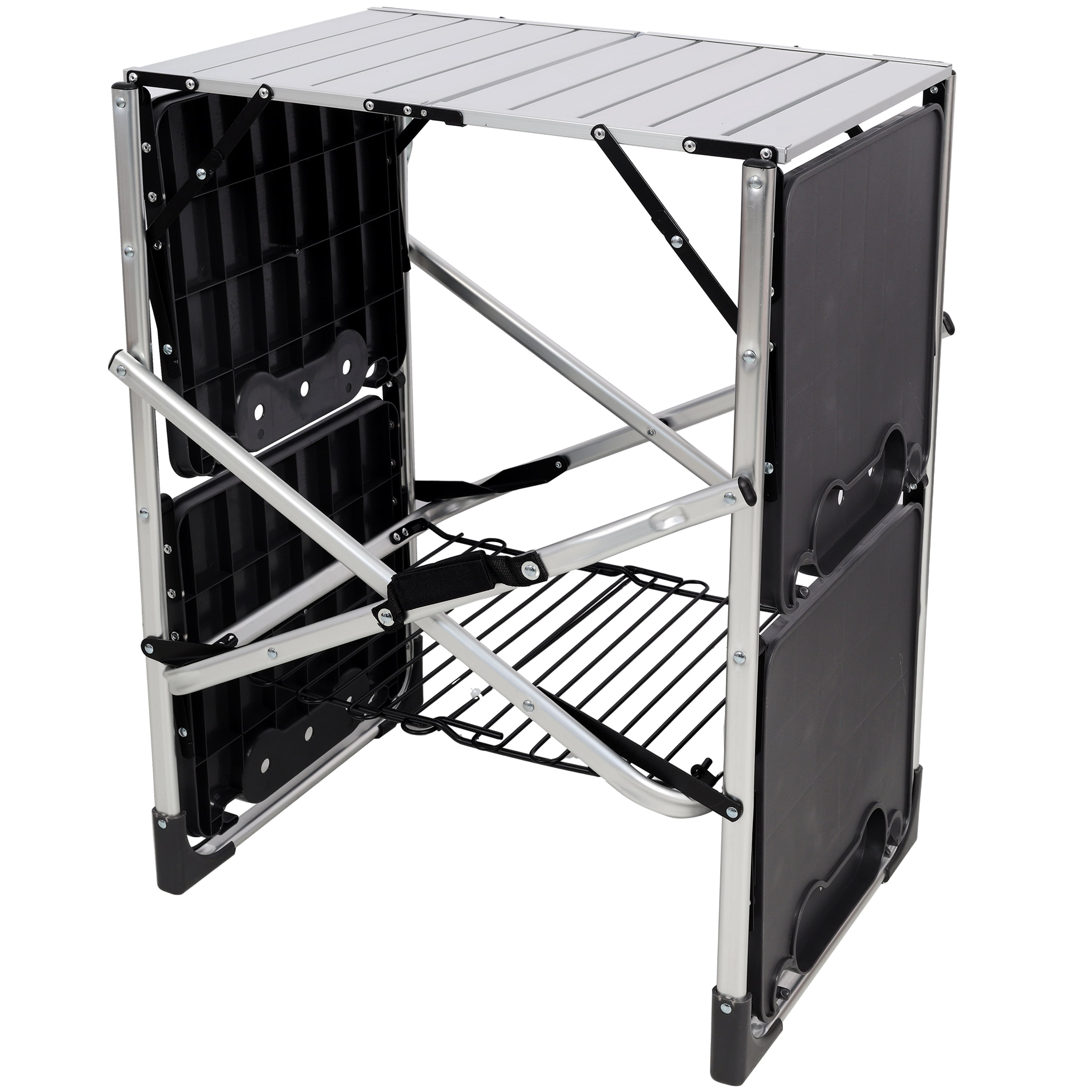 Folding Camping Cooking Station with Heat Resistant Top, 4 Side Tables, Storage Rack & Lamp Post, Portable Outdoor Kitchen Prep Table for Picnic Tailgating Camping