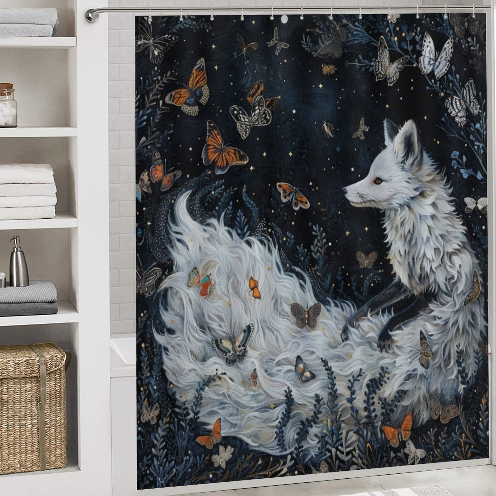 Nine Tailed Fox Chasing Butterfly 4 Pcs Shower Curtain Set with Rug Bathroom Sets with Waterproof Fabric And Non-Slip Rugs Toilet Lid Cover Bath Mat Decor with Hooks