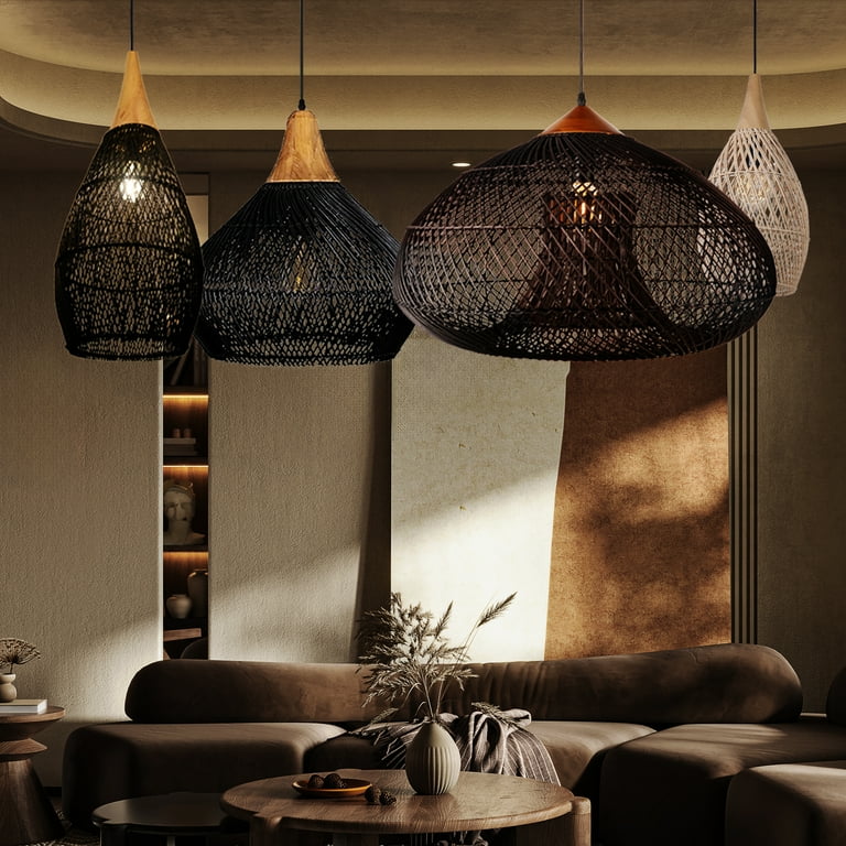 UEEYAC Wabi-sabi Retro Living Room Rattan Pendant Light Solid Wood