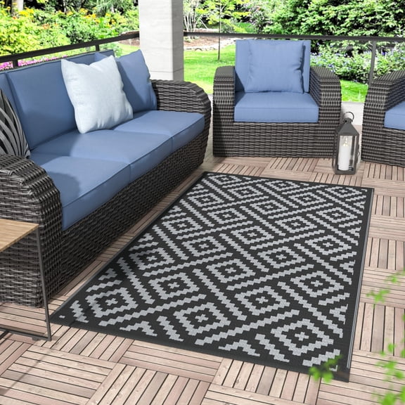 Voguly Outdoor Rug 3x5 Waterproof, Geometric RV Camping Carpet, Black Grey Patio Deck Beach Rug, Indoor Outdoor Use