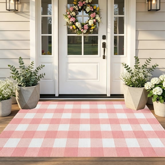 MYUNNIL Outdoor Buffalo Plaid Rug, Washable Summer Farmhouse Front Door Mat, Welcome Mat Layering Rug for Front Entryway Porch Patio Yard, Pink & White, 16" x 24"