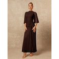 thumbnail image 2 of Womens Brown Boat Neck Flowy Mesh Long Sleeve Cinched Ribbon Maxi Dress, 2 of 8