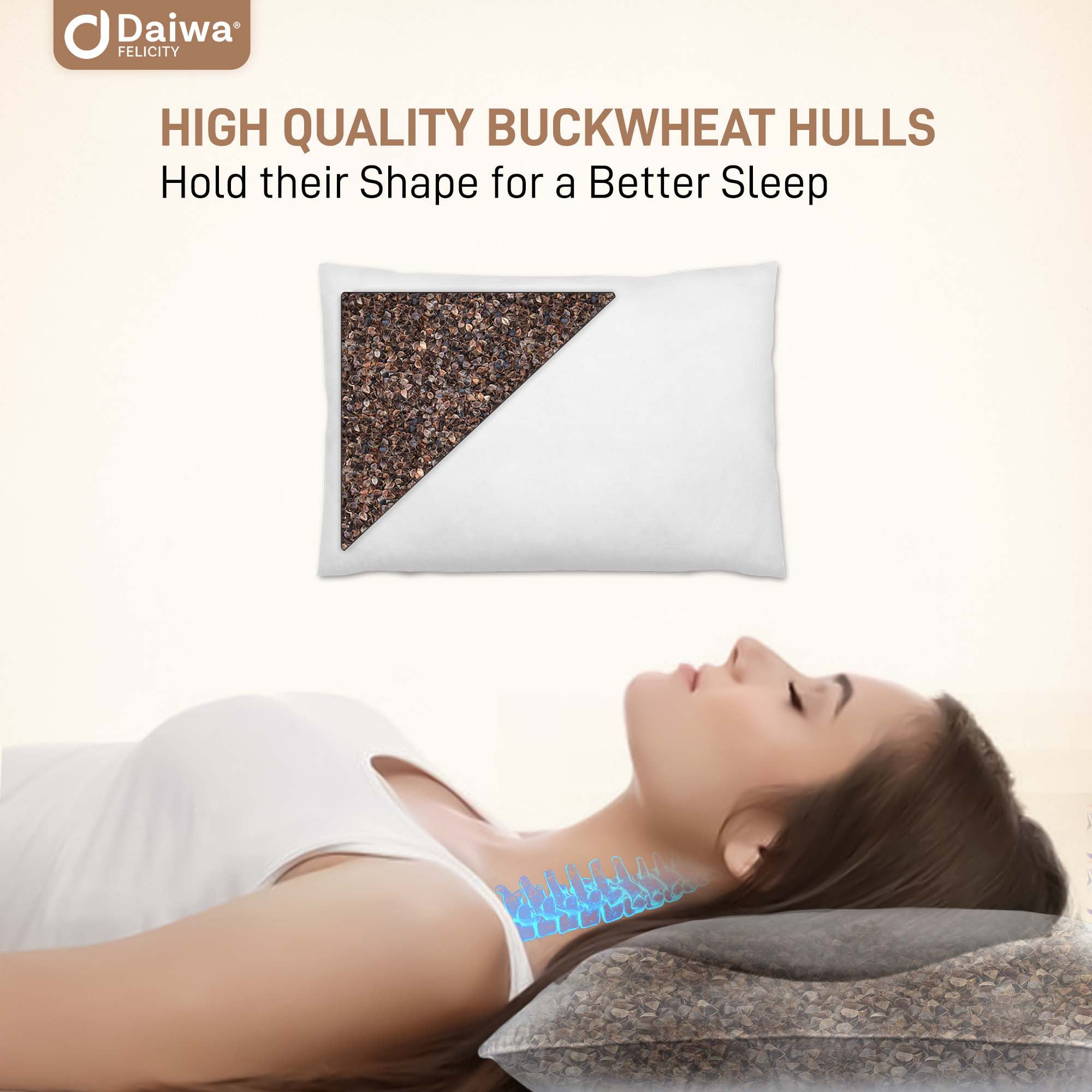 Daiwa Felicity Organic Buckwheat Pillow for Sleeping with Pillow Case - Japanese Pillow Filled with Sobakawa aids in Cooling Sleep with Neck Support for Any Sleep Position