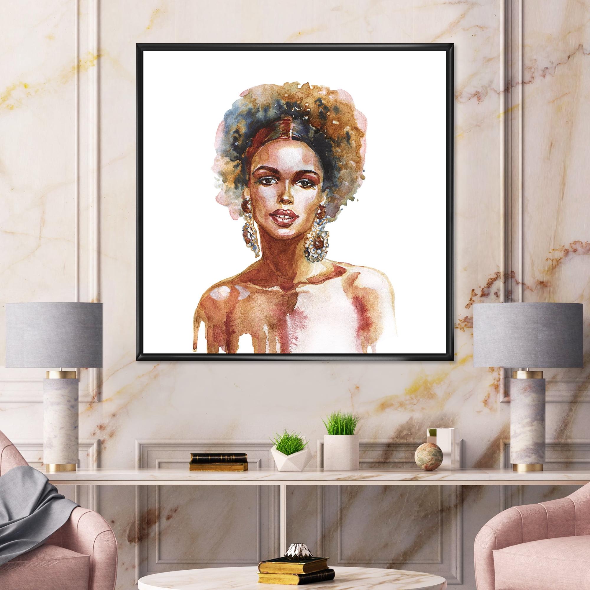 Designart 'Portrait of Afro American Woman V' Modern Framed Canvas Wall Art Print