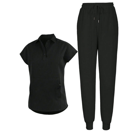 BDPORKAS Scrubs for Women Working Uniform Scrub Set Stretch Comfy Button Lapel Collar Medical Nurse Shirt and Jogger Pants Workwear Black XXL