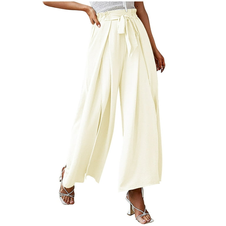 UHUYA Womens Wide Leg Pants Fashion Summer Bow Casual Loose High Waist  Pleated Wide Solid Trousers Beige L US:8 