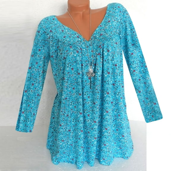Summer Savings Clearance 2024! TAGOLD Summer Tops,Women Plus Size Long Sleeved V-Neck Print Blouse Pullover Tops Shirt