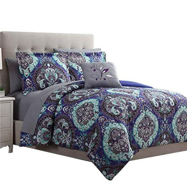The Urban Port BM222768 Split Réversible Imprimé Complet Lit Set&44; Bleu - Très Grand Size - 8 Pièces