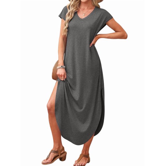 Summer Casual Maxi Dresses for Women V Neck Cap Sleeve Long Sundress with Pockets Beach Vacation Gray XXXL