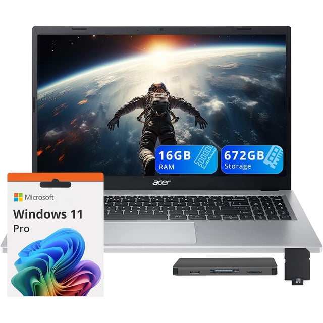 acer Aspire 3 Portable 15,6 Po FHD, AMD Ryzen 5 7430U, 16 Go de RAM, Stockage 672 Go (SSD 512 Go + Ensemble Station d'Accueil 160 Go), Graphiques AMD Radeon, Clavier Rétroéclairé, Caméra Web HD, Wi‐Fi 6, Windows 11 Pro, Argent