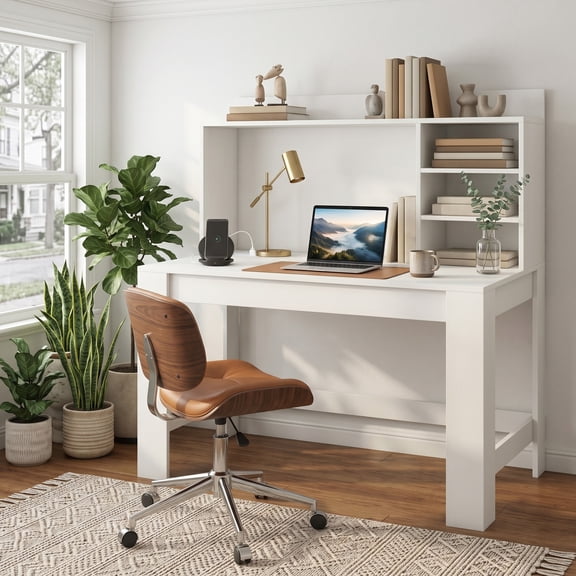42.5" Computer Desk with Hutch & Power Outlets, Study Desk Writing Desk for Home Office,White