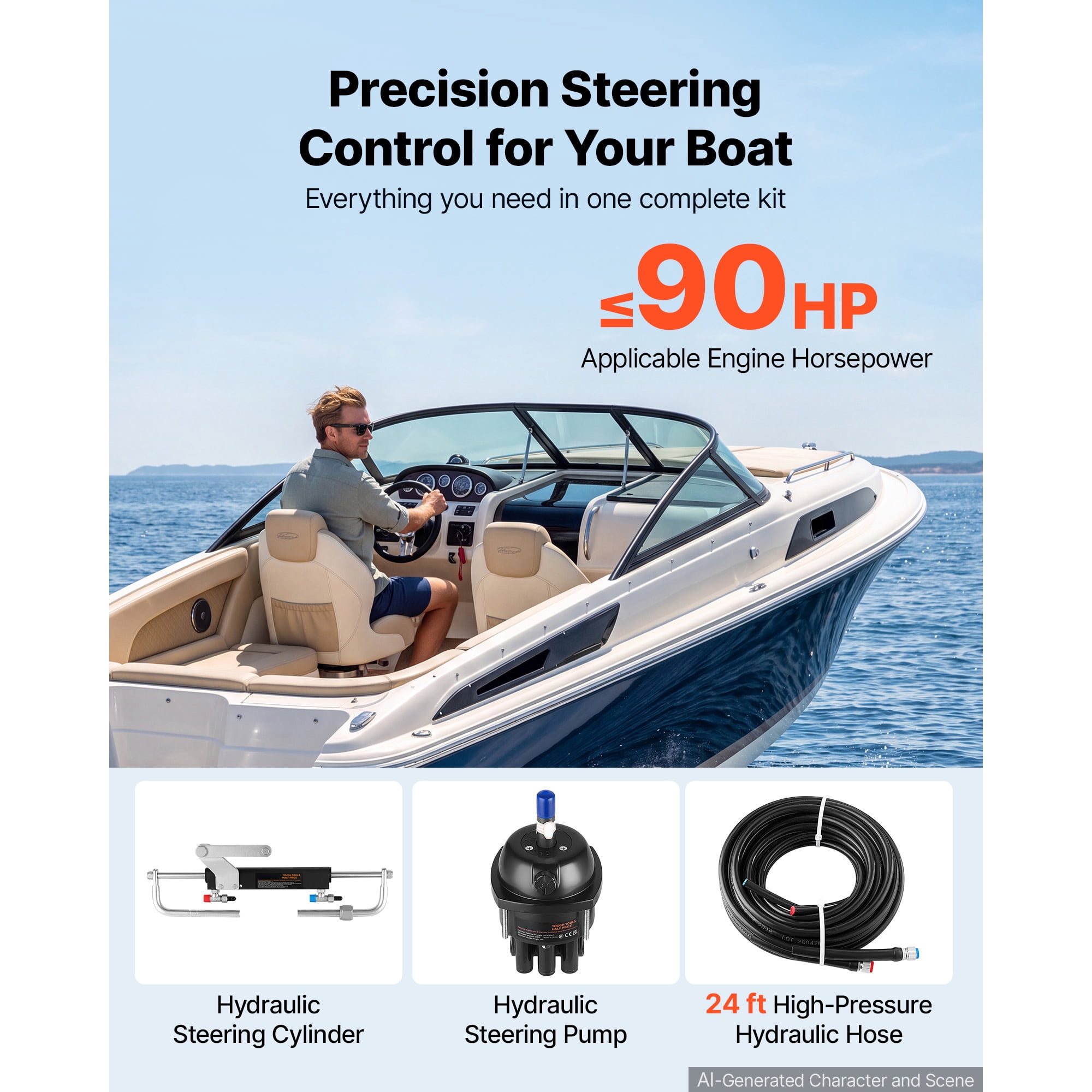 KFFKFF Hydraulic Steering Kit for 90HP Outboard Engines, Marine Steering System with 24 ft High-Strength Hoses, 2.5 MPa Helm Pump, Two-Way Lock Cylinder, Designed for Single-Engine Boats