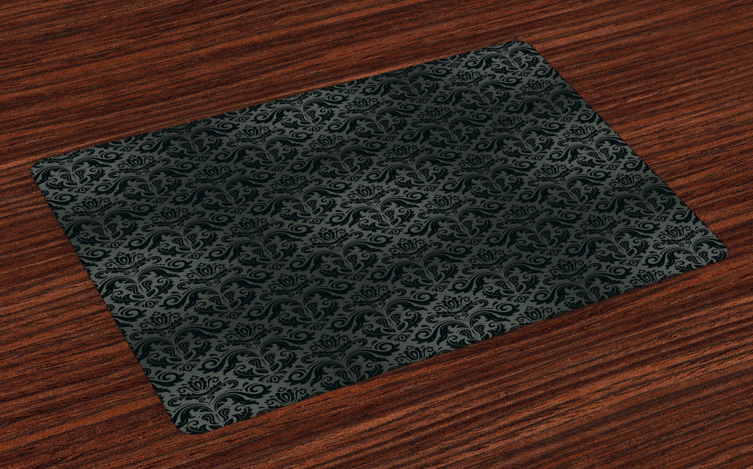 Dark Grey Placemats Set of 4 Black Damask Arabesque and Floral Elements
