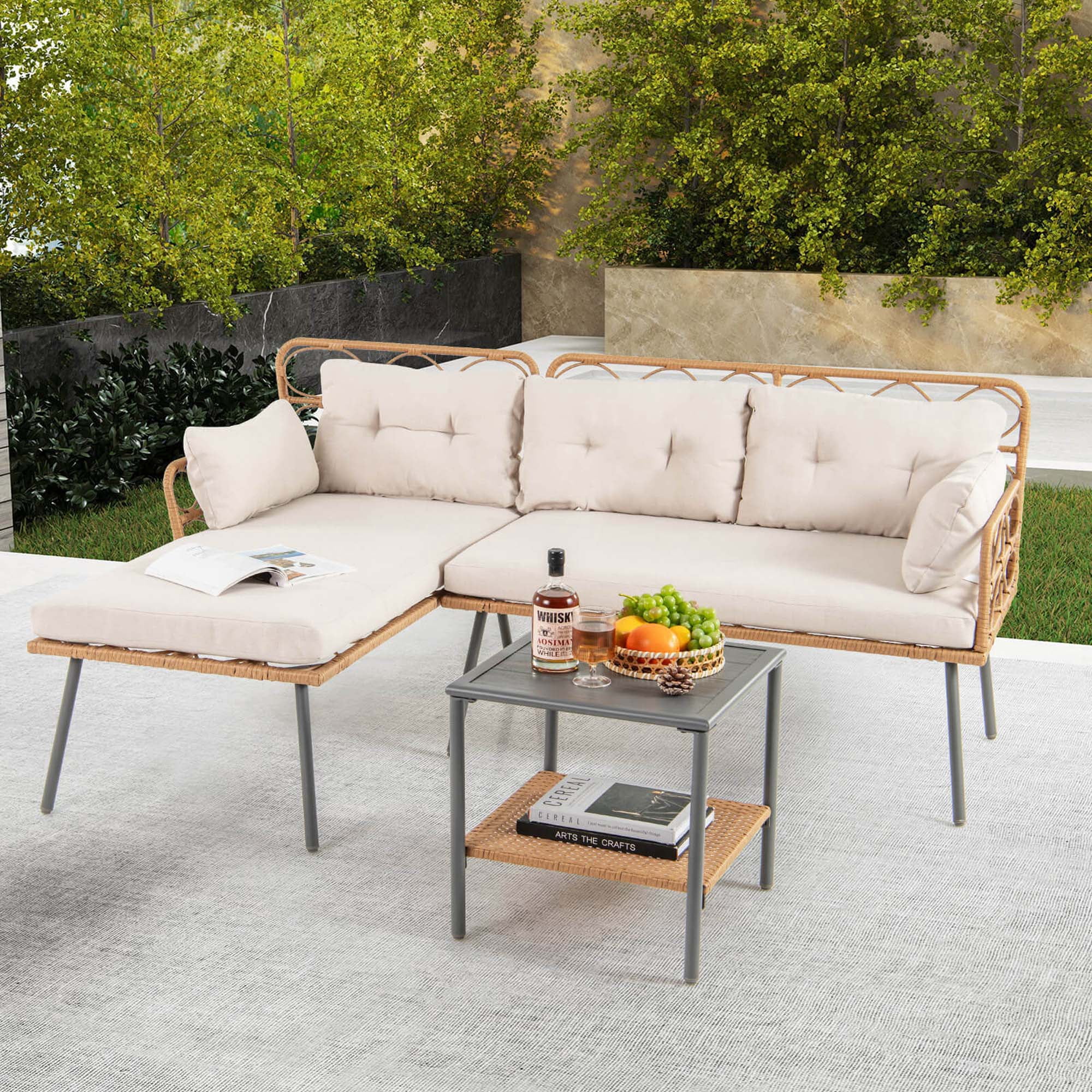 Costway 3 PCS Corner Patio Furniture Cushioned Sofa Set with Small Coffee Table Outdoor