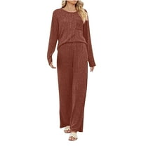 XuJwPNcy Women 2 Piece Outfits Casual Crewneck Long Sleeve Ribbed Knit Top Wide Leg Pants Matching Lounge Sets