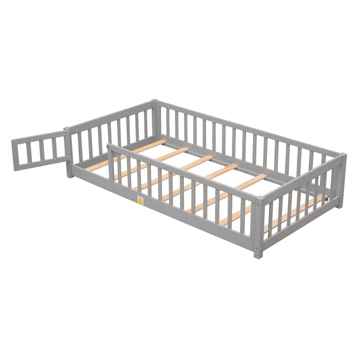 Twin Size Floor Bed with Door , Wood Montessori Bed Frame with Fence Guardrails, No Box Spring Needed, Gray