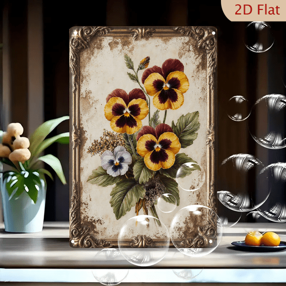 Vintage Pansies Bouquet Wall Art 8x12 Inches, Antique Gold Frame with Ornate Scrollwork, Classic Botanical Print on Metal Tin Sign for Home Decor