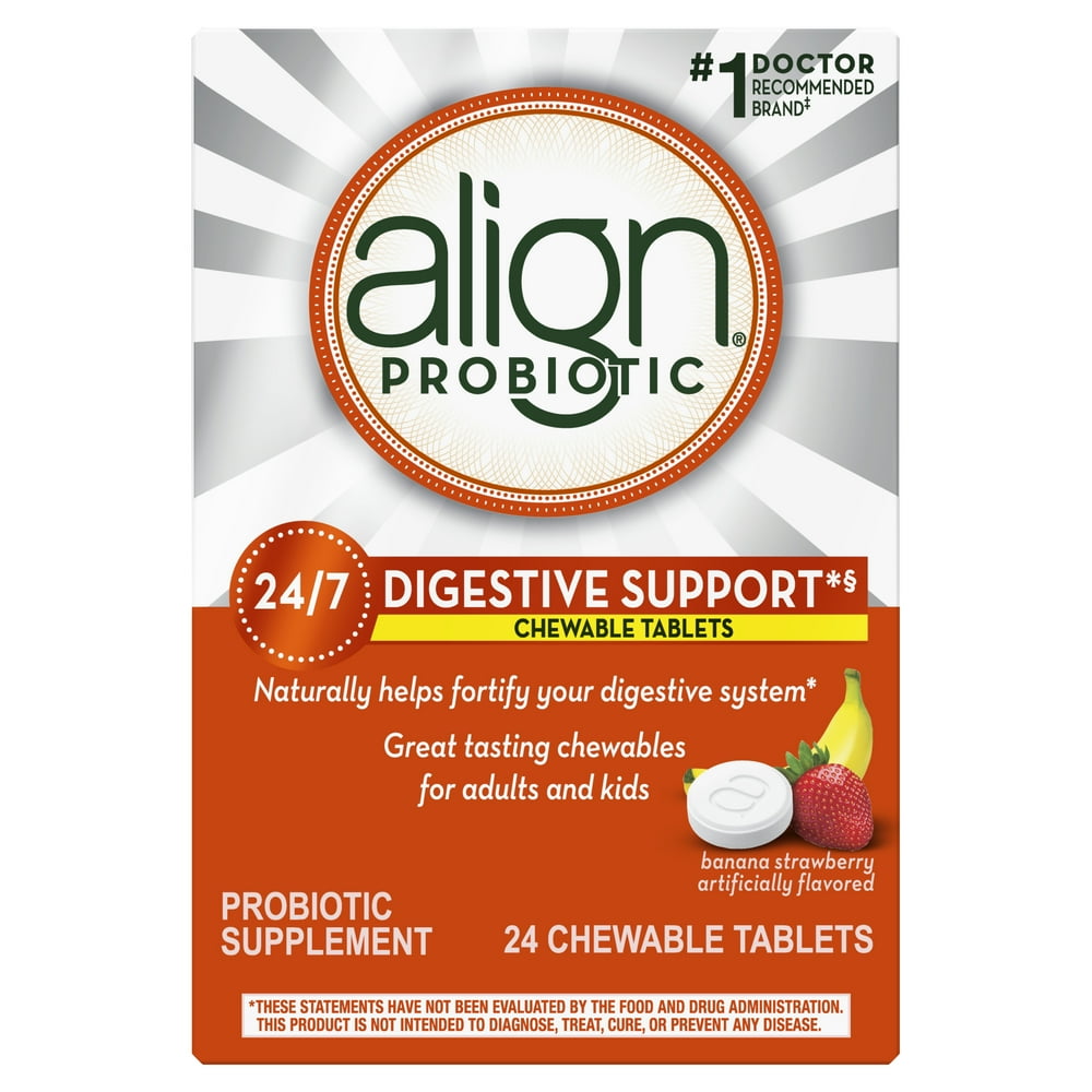 Align Probiotic Chewable Supplement Tablets, Banana Strawberry, 24 Ct