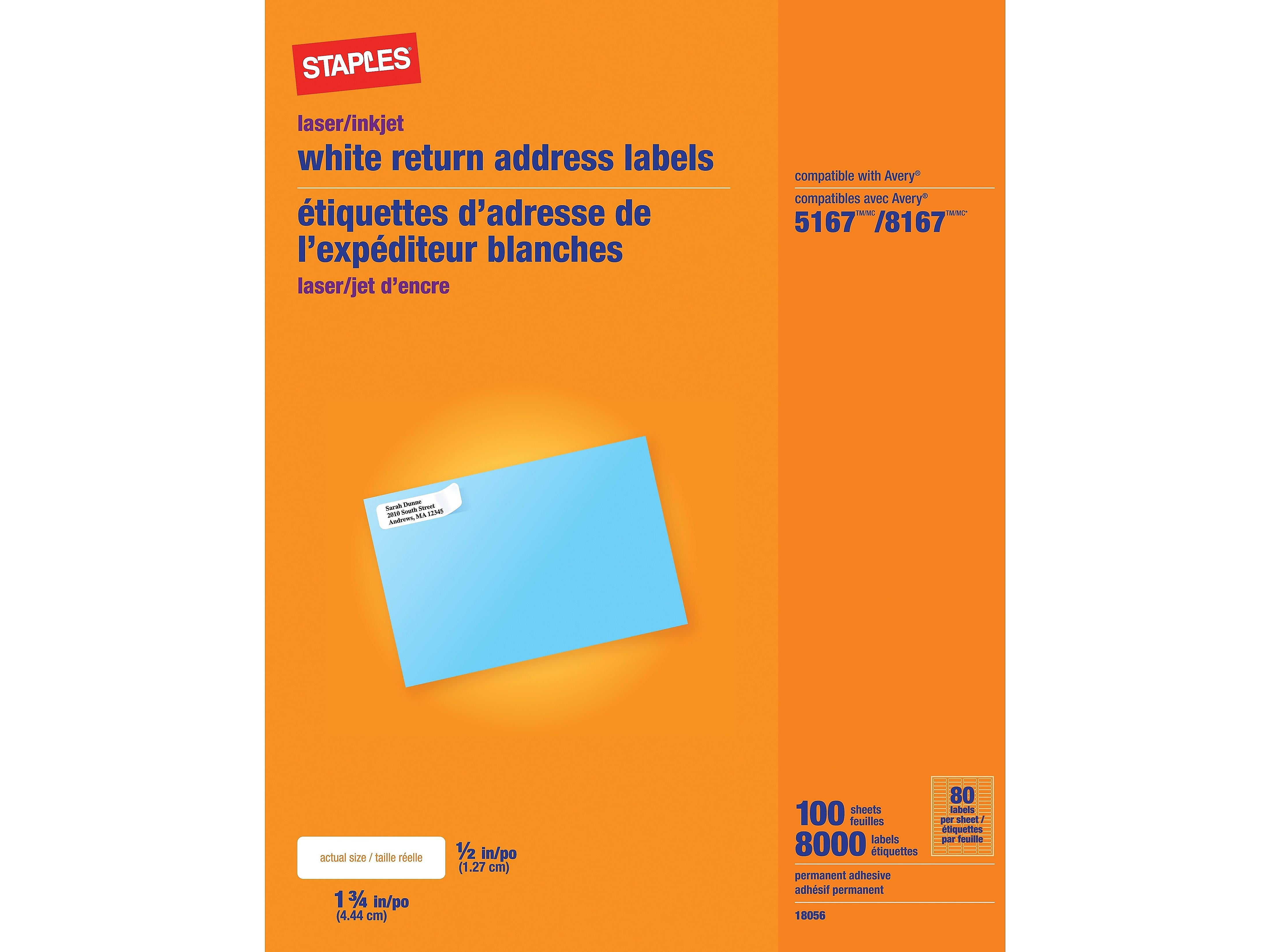 Staples Laser/Inkjet Shipping Labels 0.5"W x 1.75"L White 80 Labels