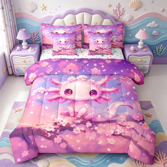 Manfei Aquatic Axolotl 7-Piece Twin Bedding,Ocean Animal Bedding Comforter Set,Colorful Stars Reversible