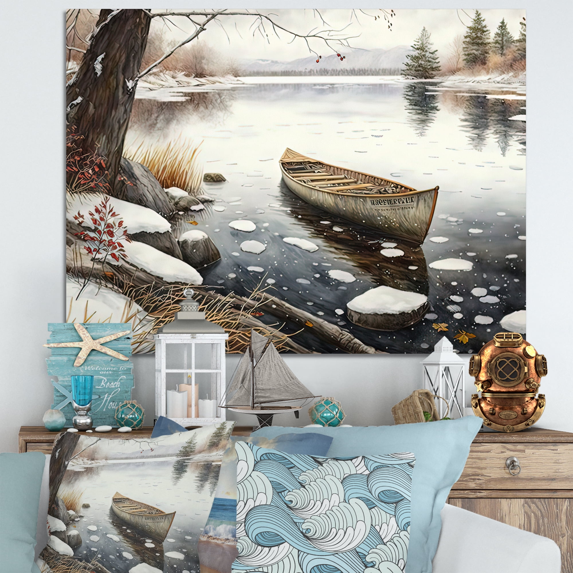 Designart Winter Scene With Canoe III Canvas Wall Art