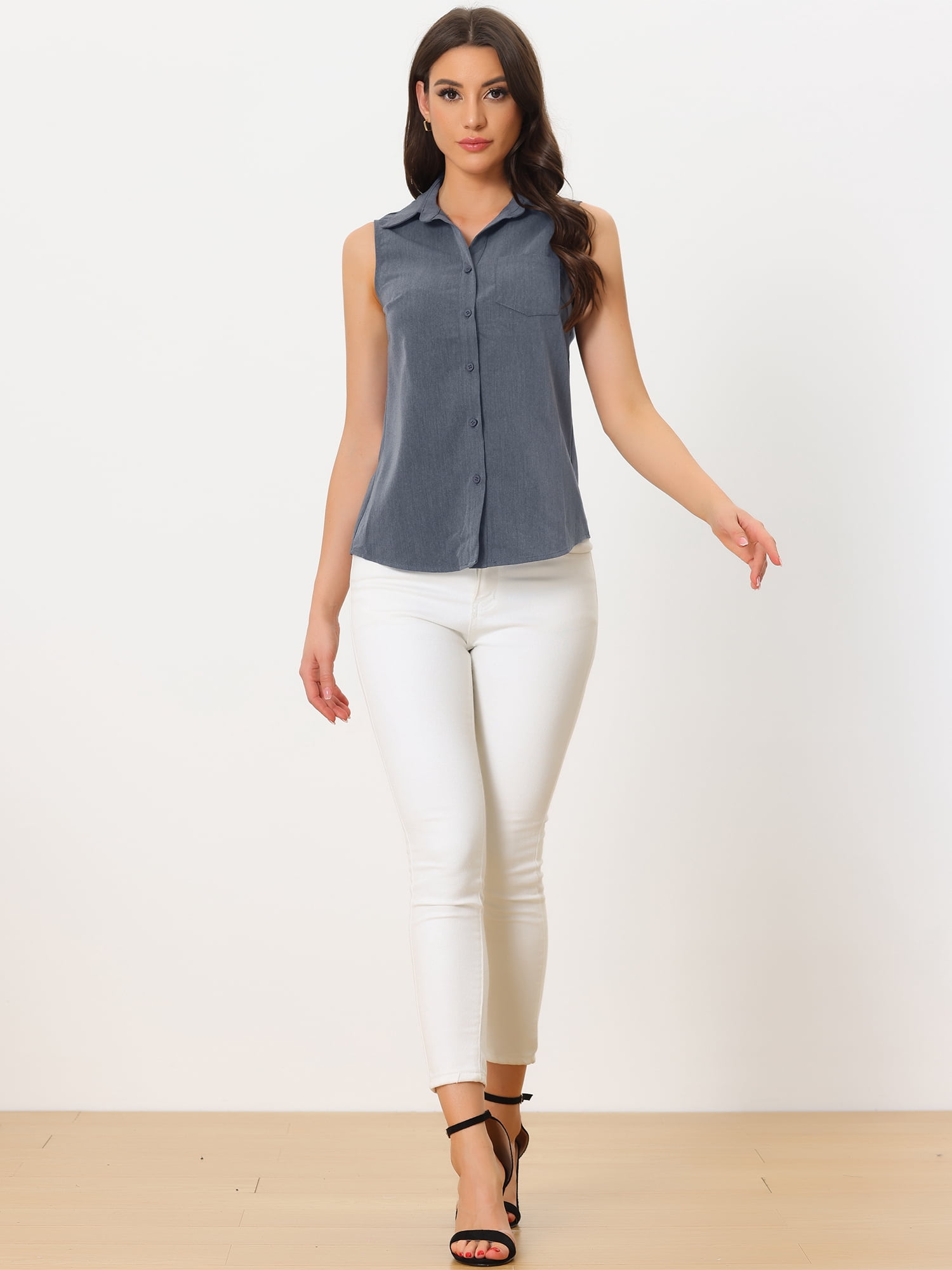 DARING DIVA Women's Sleeveless Lapel V Neck Chambray Tunic Denim Tops M Dark Blue