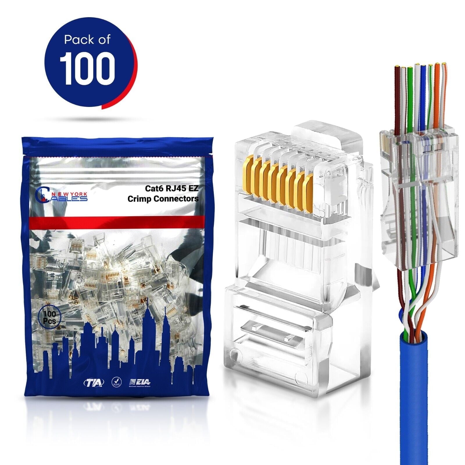 Rj45 Pass Through Connector Cat6 Gold Plated Cable Plugs for Solid or Stranded UTP Ethernet Cable Rj45 Connectors (100 Pcs)