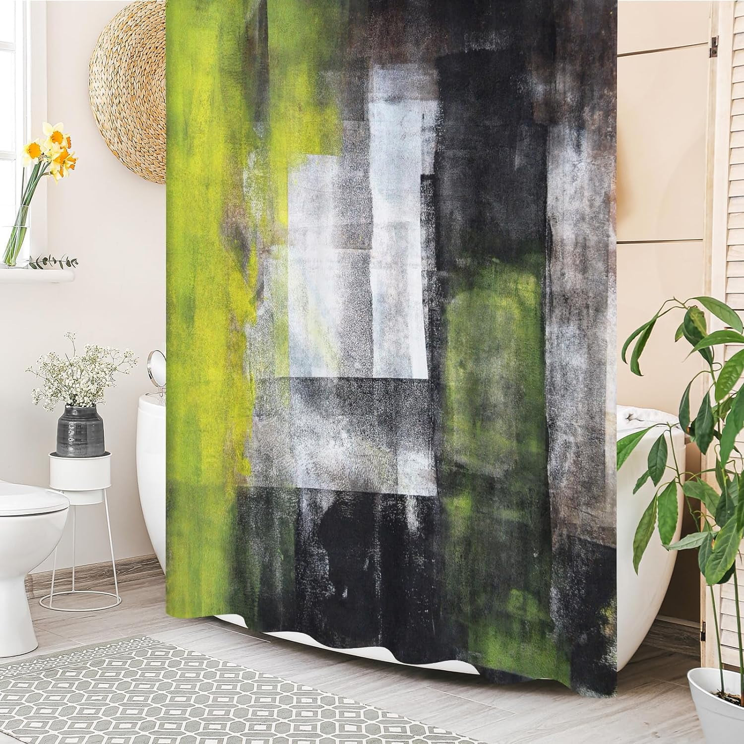 Black and Yellow Shower Curtains for Modern Bathroom Decor, Abstract Fabric Shower Curtain, Vintage Country Grunge Style & Paint Brush Graffiti Design, 72 x 72