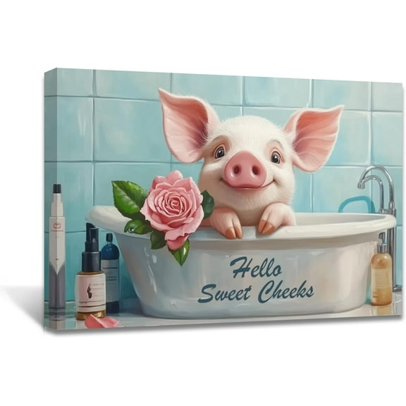 WFSposter Pig Bathroom Wall Art Cute Pig in the Bathtub Picture Farm Animal Canvas Prints Country Bathroom Quotes Painting Funny Pink Pigs Poster Toilet Decor Framed (Pink, (12L x 18W))