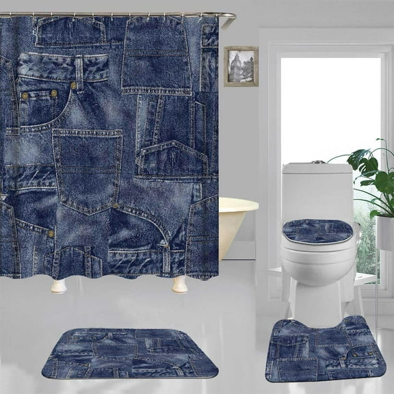 4PCS Navy Blue Denim Shower Curtain Sets with Rugs, Vintage Indigo Jeans Shower Curtain, Waterproof Fabric Shower Curtain, Funny Patchwork Abstract Jeans Modern Bathroom Decor