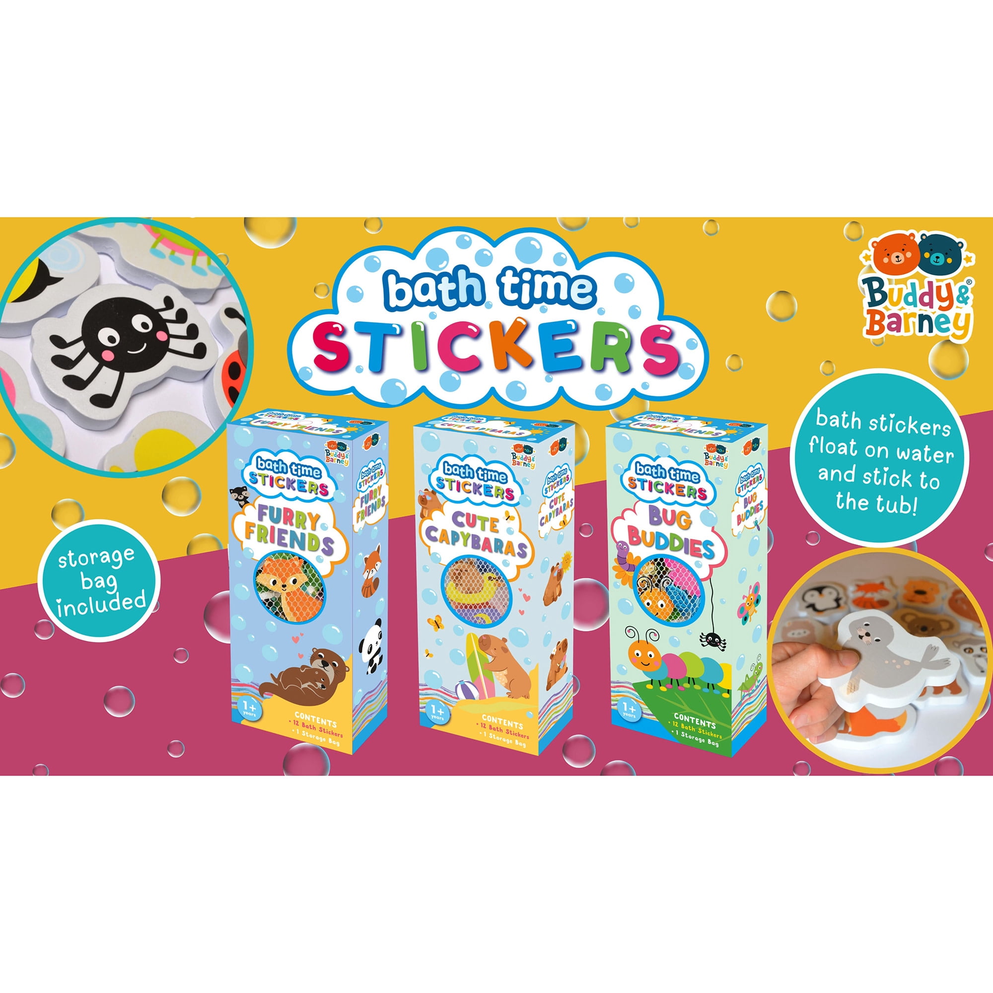 Buddy & Barney: Bath Time Stickers - Furry Friends - 12 Reusable Chunky Foam Pieces, Land & Water Animals, Mesh Storage, Water Tub Toy, Kid-Toddler 1+