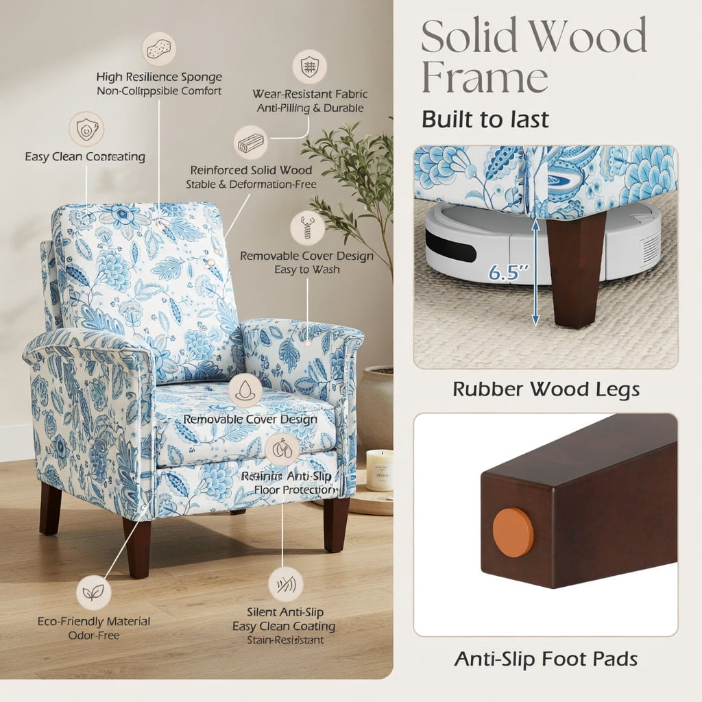 Hommoo Farmhouse Boho Accent Chair with Solid Rubber Wood Legs, High-Back Linen Upholstery, Ergonomic Design, Living Room, Bedroom, Blue