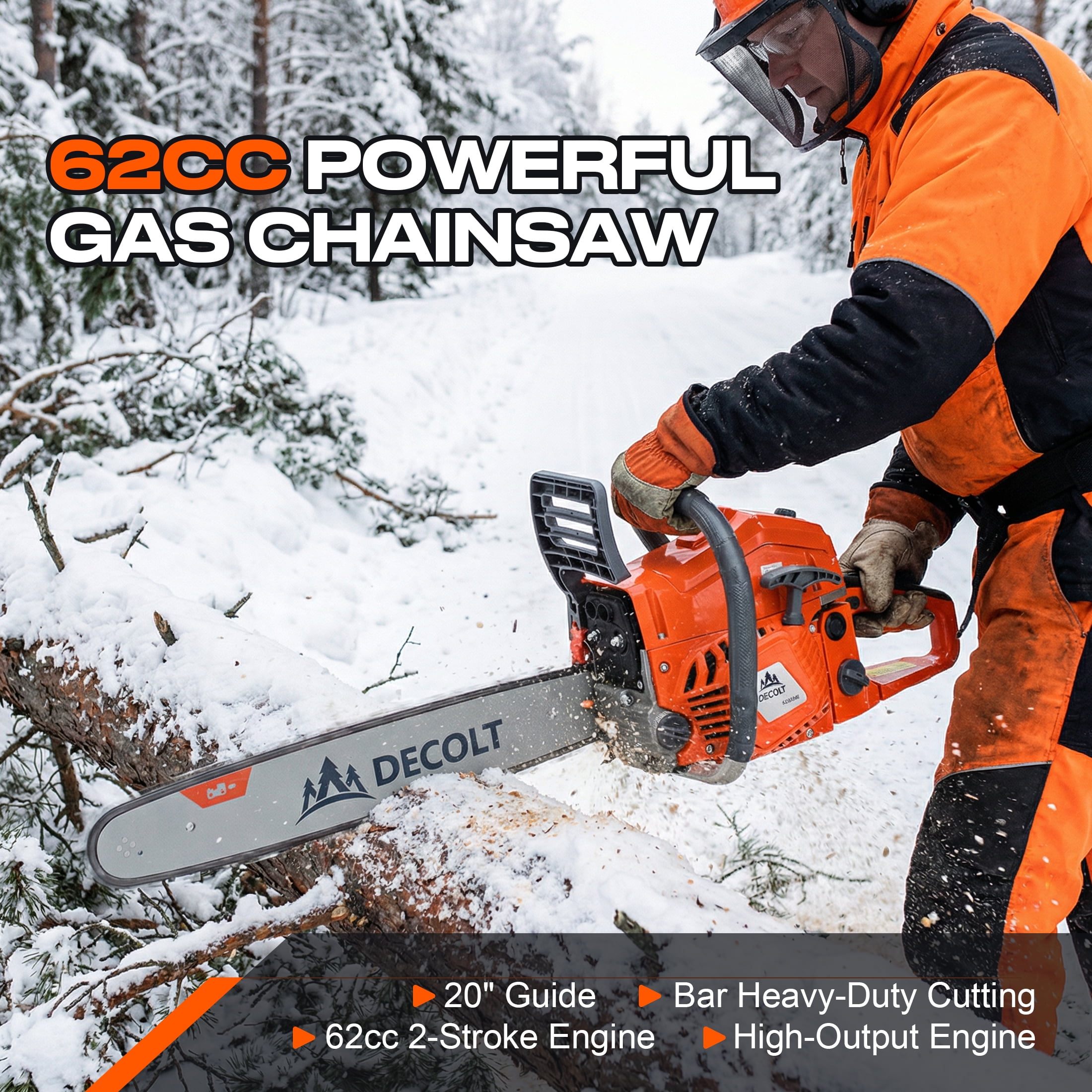 62CC Gas Chainsaw 20” Powerful 2-Stroke Gasoline Chainsaw for Cutting Wood and Pruning Trees 6220YM