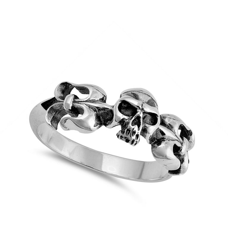 Skull Biker Fleur de Lis Thumb Ring Sterling Silver Band