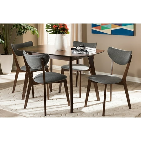 Baxton Studio Hadrea Mid-century Modern Walnut-Finished Dark Grey Fabric Upholstered 5-Piece Dining Set