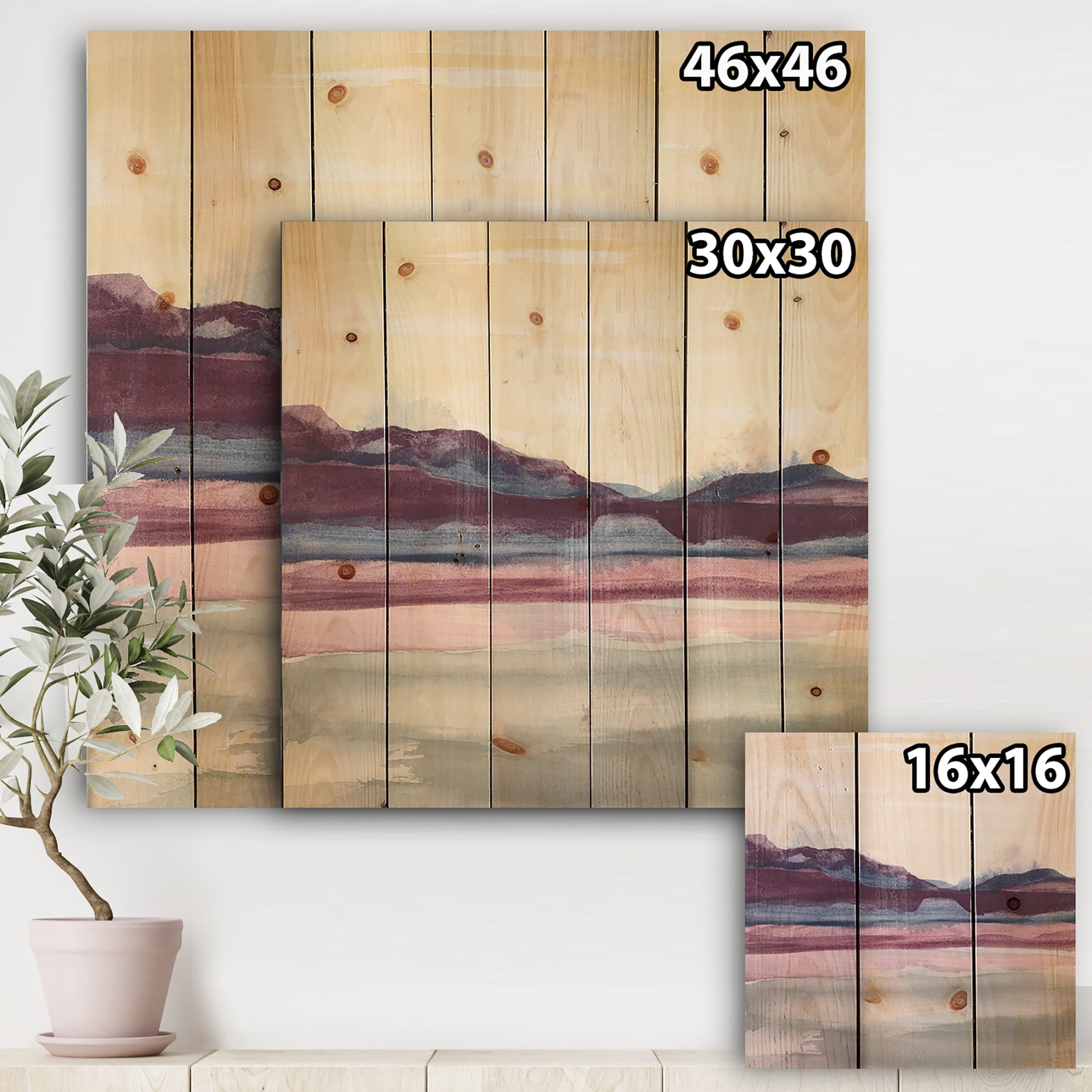 Designart 'Abstract Purple Rock Landscape' Shabby Chic Print on Natural Pine Wood